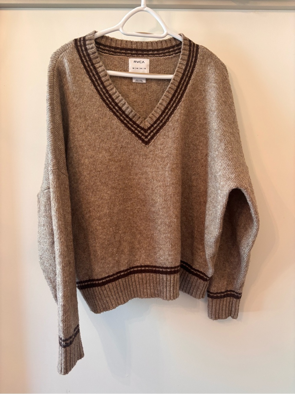 RVCA Women's Beige V-Neck Sweater with Brown Contrast Trim